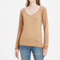 Deep V neck women regular fit knit top long sleeve  rayon material soft blouse with lace trim Dip Dyed women soft T-shirt